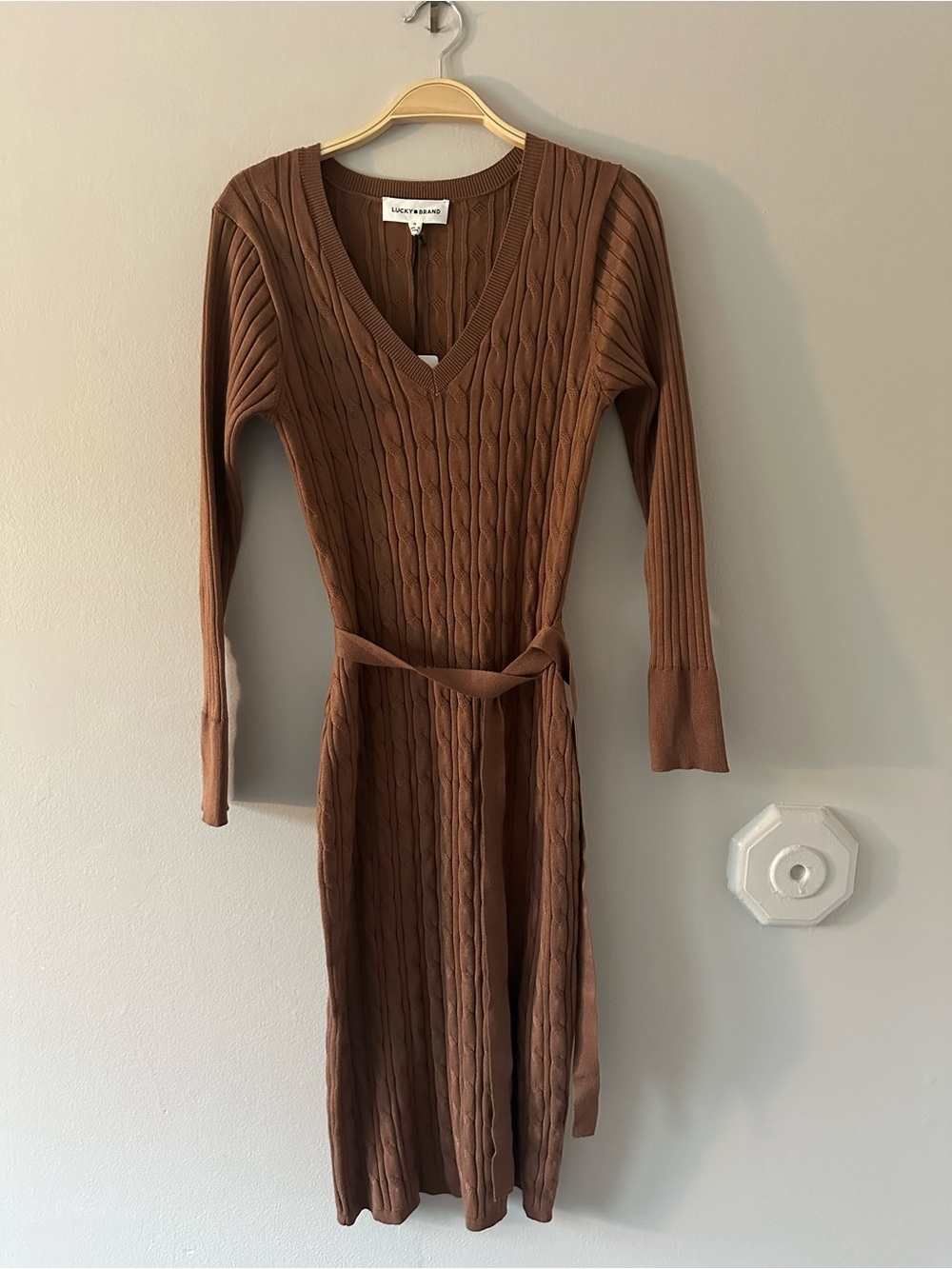 Lucky Brand Chocolate Brown Cable-Knit V-Neck Sweater Dress-NWT - Picture 2 of 6